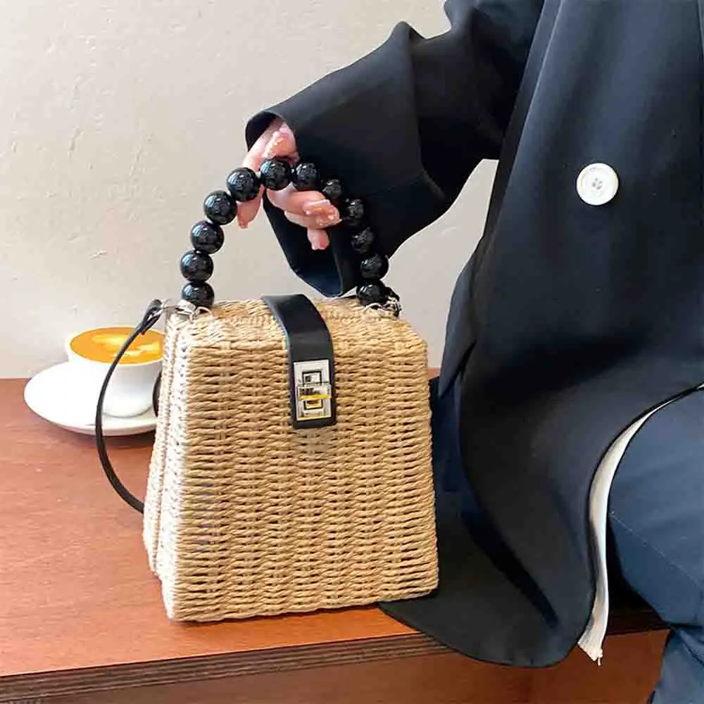 

Fashion Summer Beach Tote Women Luxury Straw Bag Top Handle Bags Rattan Knited Female Handbags and Purses Elegant Box Shoulder