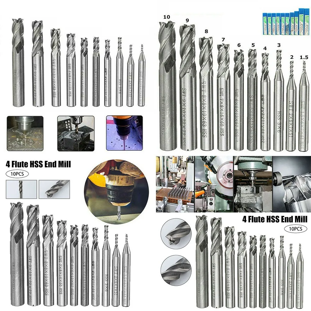 

10pcs/set Tungsten Carbide 4 Flutes HSS End Milling Cutter Slot Drill Bit Set 1.5-10mm CNC Straight Shank Mill Metal Cutter