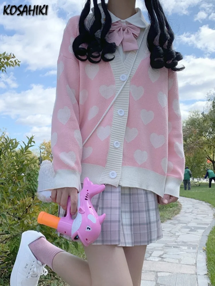 

Y2k Aesthetic Autumn Heart Print Knitted Female Cardigan Loose Contrast Color Knit Sweater Coats Cute V Neck Sweet Knit Jackets
