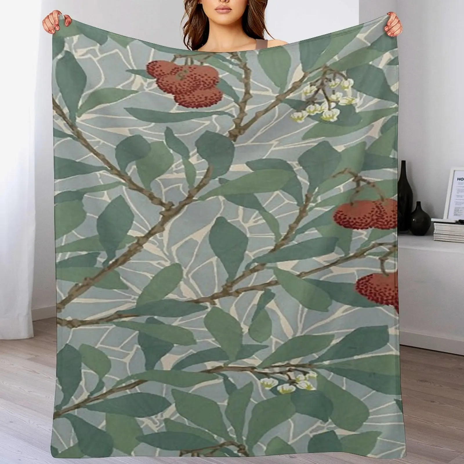 Уильям Моррис зеленый и красный узор Arbutus винтажные ботанические листья