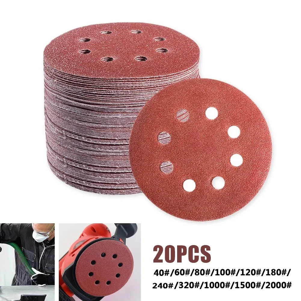 

20pcs Round Sandpaper 8 Hole Sanding Discs Hook 5 Inch 125mm Aluminum Oxide Loop Grit 40-2000 Sander Polishing Pad