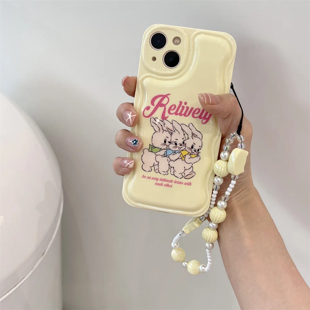 

Cute Cartoon Bunny Wavy Edge Soft Case for IPhone 11 12 PRO MAX 13 14 Plus X XR XS Max Anti-drop Back Cover with Beads Bracelet