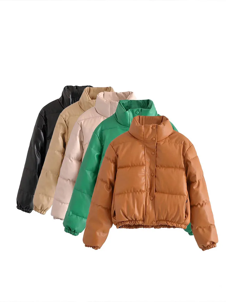 

Women 2022 Winter Fashion Stand Collar Warm Faux Leather cotton Coat Vintage Long Sleeve zipper Female Outerwear Chic Overshirt