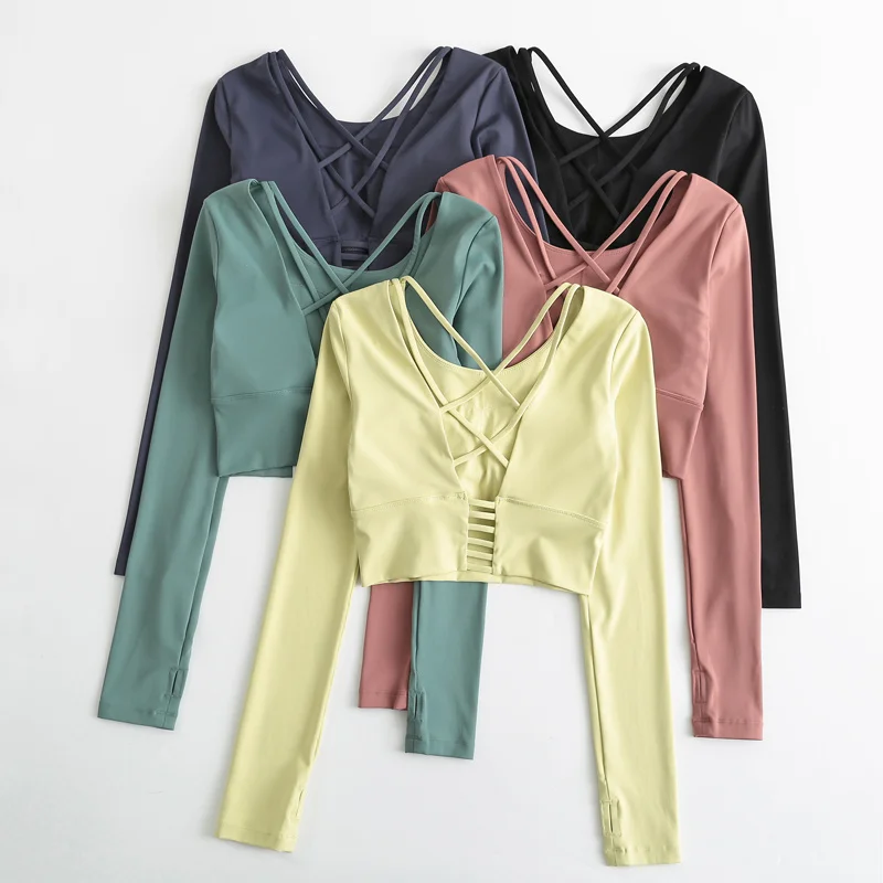 

Сексуальный перекрестный ремешки Спорт Фитнес с длинным рукавом укороченный Топ женский Мягкий с открытой спиной рубашка для йоги стрейче...