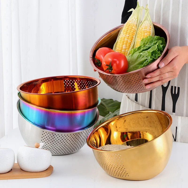 1pc strainer basket stainless steel washing filter rice rose gold strainer colorful basket sieve drainer kitchen gadget free global shipping