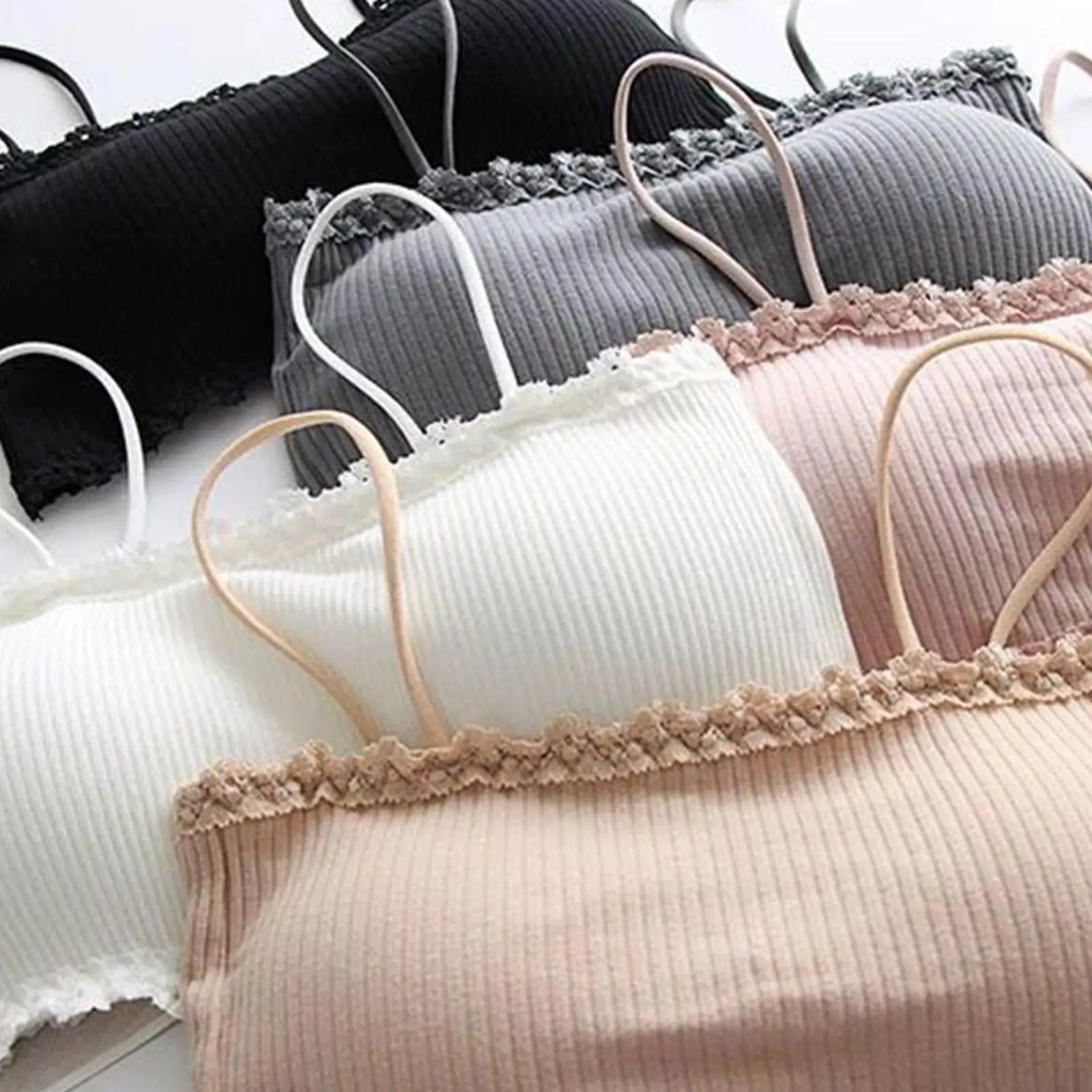 New Woman Ribbed Sling Tube Top Short Lace Bra Breast Female Sexy Color Lingerie Top Crop Wrap Streetwear Camisole Ca W5l7