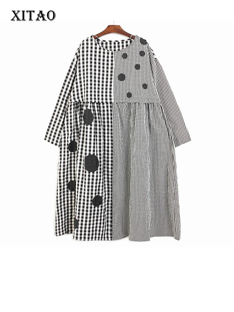 

XITAO/свободные платья в клетку; Пуловер с круглым вырезом и высокой талией; Повседневная одежда в горошек с длинными рукавами; Новинка; Сезон весна; ZY8318