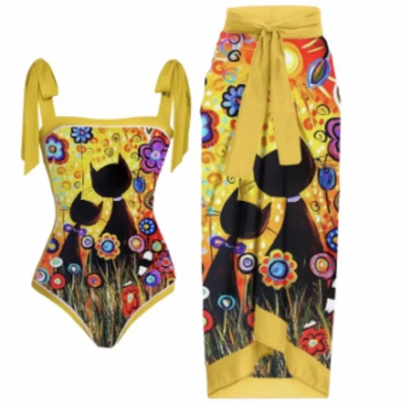 Bikini Bodysuit Swimwear Women With Skirt Bathing Suit Summer New Ruffle Splice Print Beachwear Holiday Bikini Cover Ups Outfits