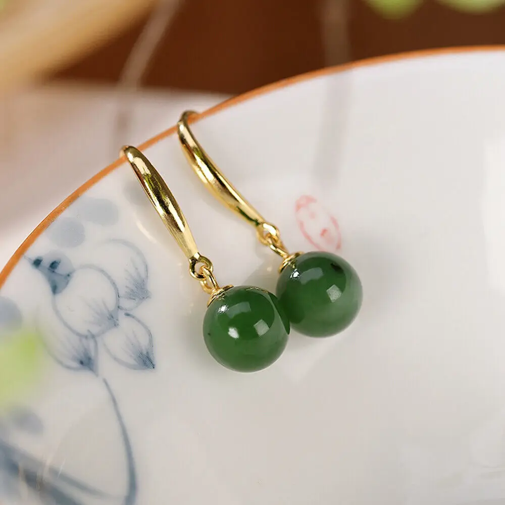 

Solid 925 Sterling Silver With Natural Green Jade Bead Dangle Earrings 0.98"