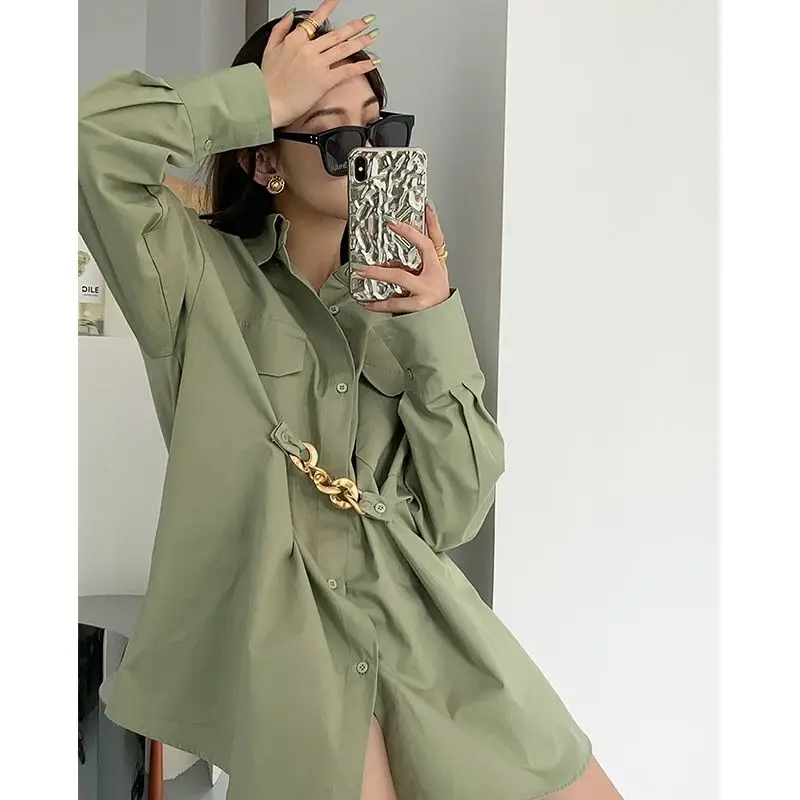 QWEEK  Female Blouse Korean Style Chic Woman Shirt Harajuku Green Top Oversized Long Sleeve Tunic streetwear Fashion alt clothes