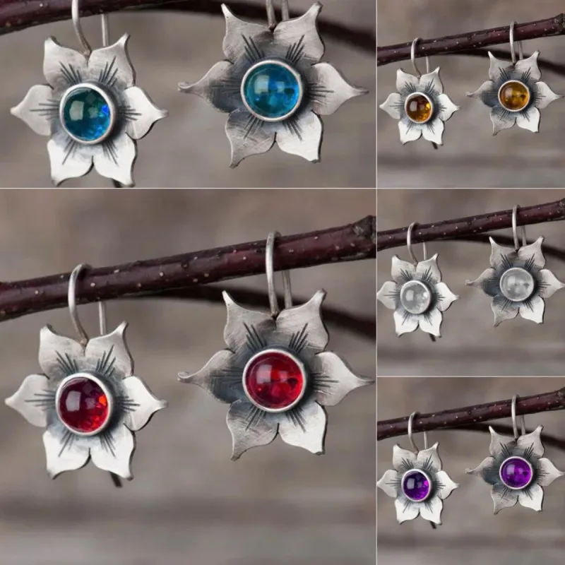 

Boho Vintage Fashion Flower Earrings Silver Color Hoop Earrings for Women
