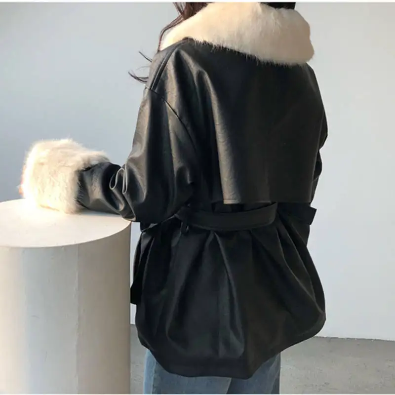 black gothic belt Thick Winter Warm Faux Leather Jacket Long Fur Collar Patchwork Coat Sashes  Waist Women Pu Leather Jackets