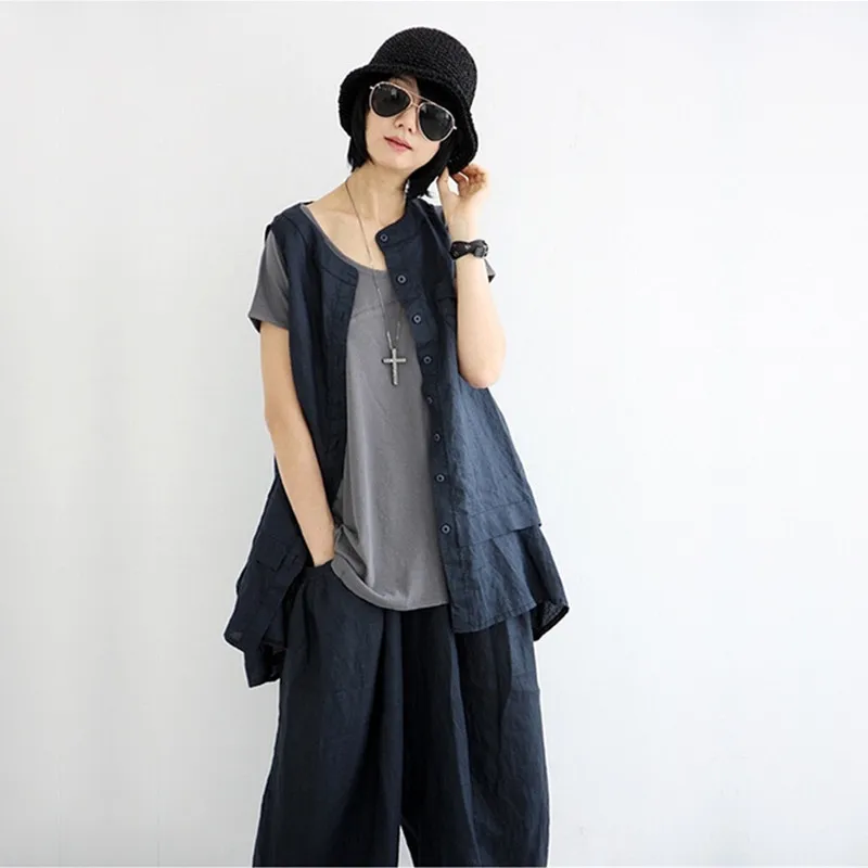 

COIGARSAM Blouse Women 2022 Casual Sleeveless Cotton Linen O-Neck Blusas Womens Tops And Blouses Dropshipping