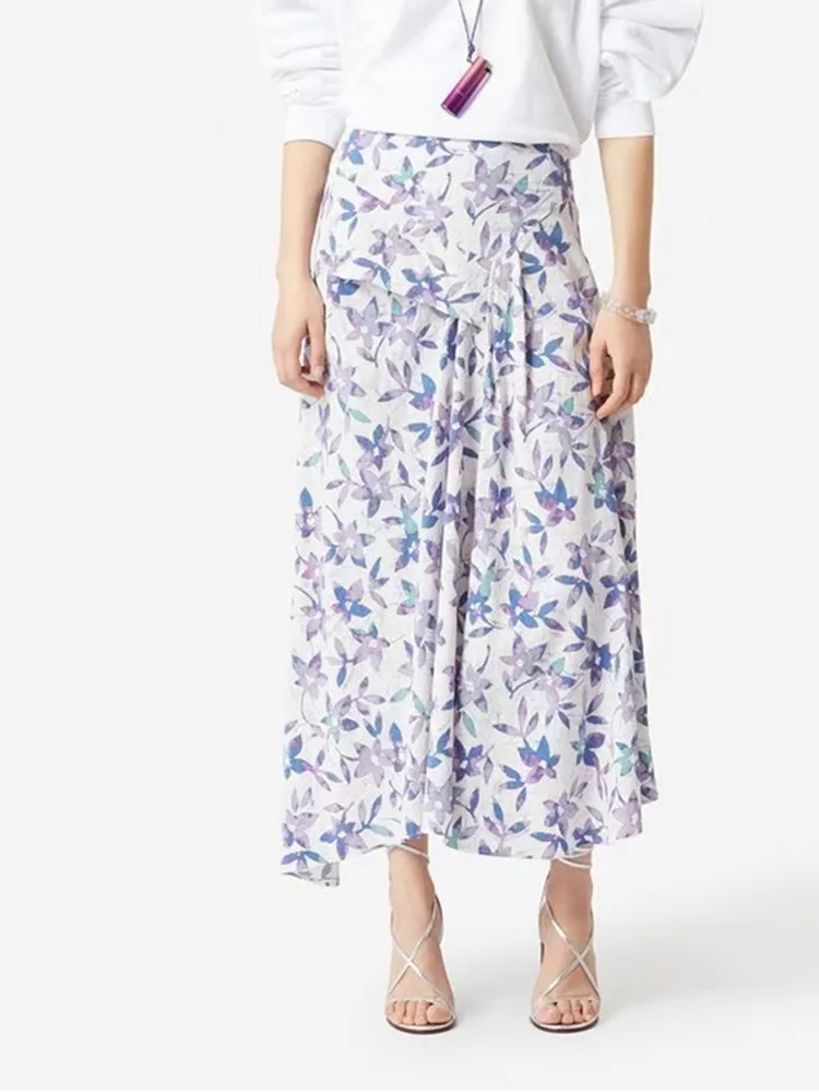

100% Viscose Women Floral Print Irregular midi Skirt Zipper High Waist fashion Female Jupe 2022 new