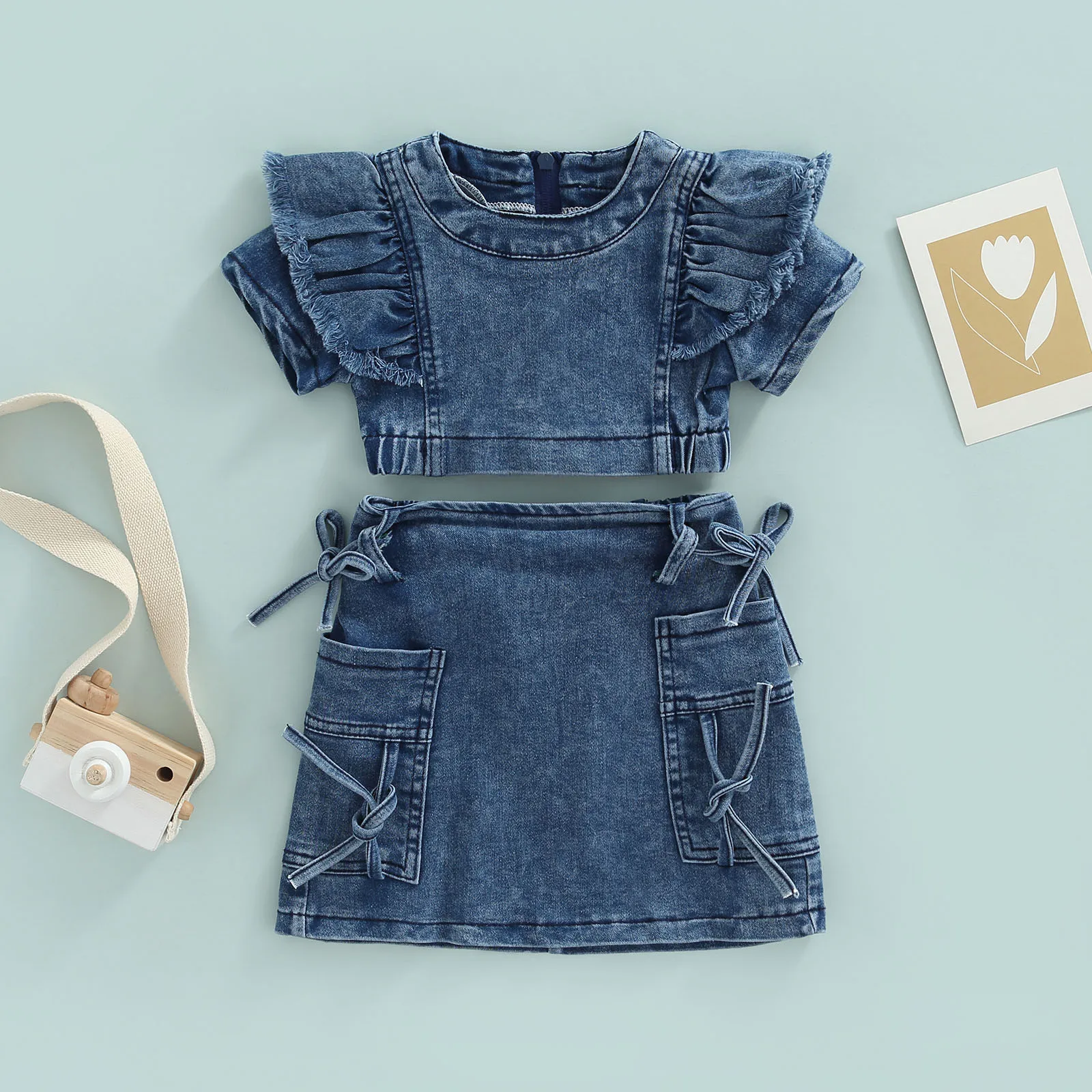 

Baby Girl Clothes Set Kid Summer Solid Color Fly Sleeve Ruffled Denim Tops + High Waist Tube Pencil Skirt