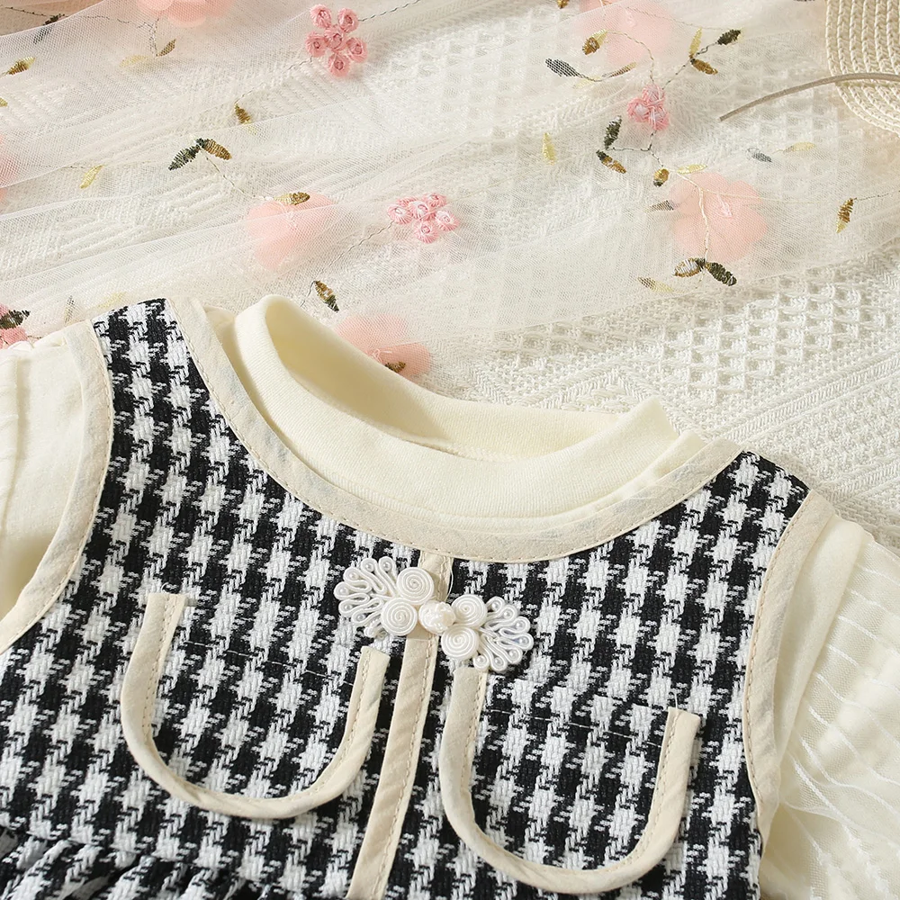 Клетчатое Платье Длиной До Колена Для Девочек Рукав-фонарик Приталенные