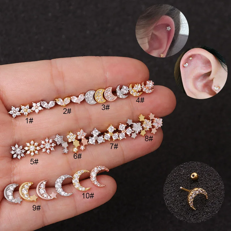 

3Pcs Stainless Steel Piercing Cartilage Stud Earrings Moon Shaped Hoop Zircon Punk Ear Bone Nail Helix Conch Wholesale Jewelry