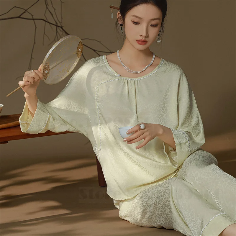 Пижамный комплект Женский в китайском стиле жаккардовые атласные брюки