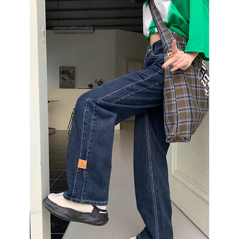 Vintage High Waist Women Grey Blue Jeans Korean Fashion Streetwear Wide Leg Jean Female Denim Trouser Straight Baggy Denim Pants