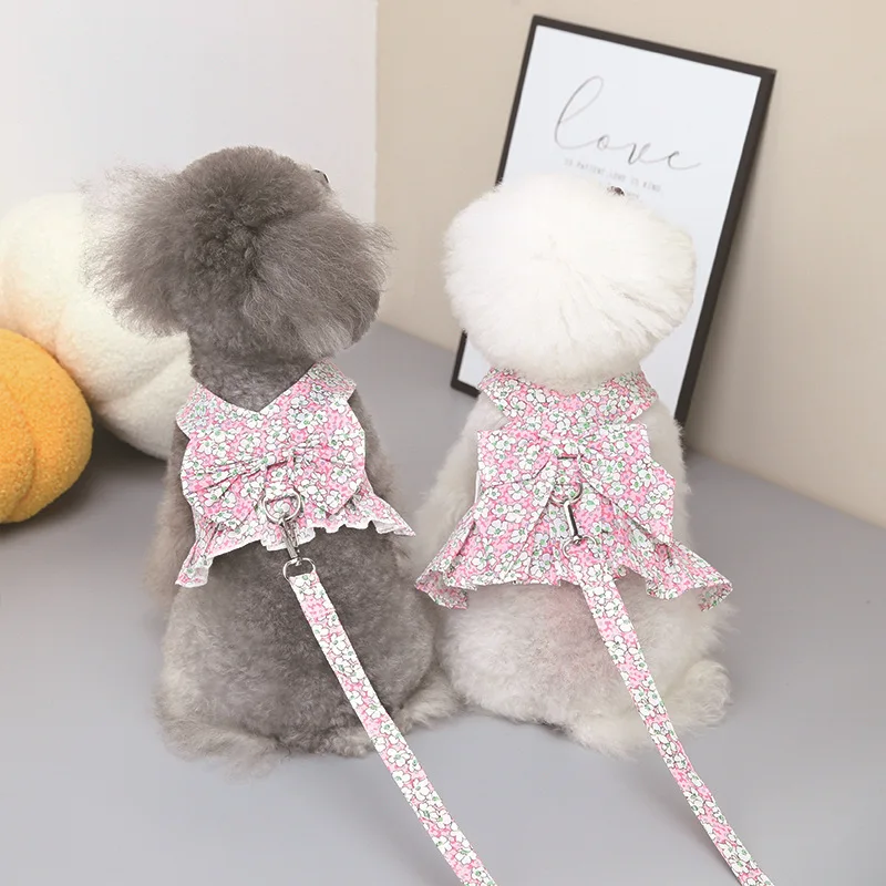 Dog Dress with Leash Pet Clothes for Small Dogs Cats Spring and Summer Skirt Cute Princess Bow Cat Dress Print Puppy Harness