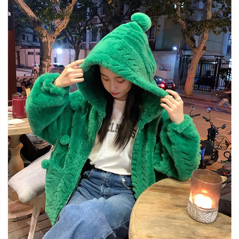 All Wool Grain Wool Coat Sheep Shearing Fur Coat Female Lamb Wool Snowball Fried Dough Twist Hooded Cute Snowball Twist Hooded