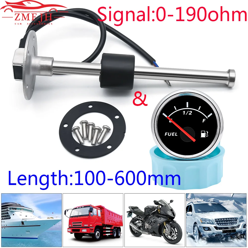 

NEW 0-190 ohm Fuel Level Gauge+Fuel Float Sensor 100-600mm 52mm Oil Tank Level Meter Indicator with Red LED RV Car Boat 12V24V