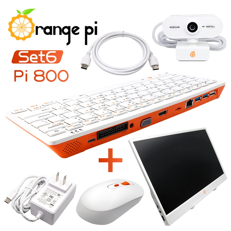 

Блок питания Orange Pi 800 + 5 В 4A Type-C + беспроводная мышь + кабель HDMI + HD-камера + 14-дюймовый монитор, Комплект портативной игровой мини-клавиатуры для ПК
