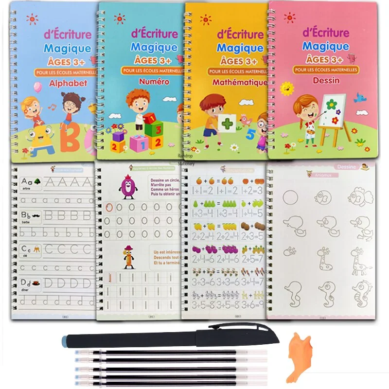4pcs French Magic Practice Copybook Pen Preschools Kids Calligraphy Notebook Children Reusable Français Writing Book Age 3-8