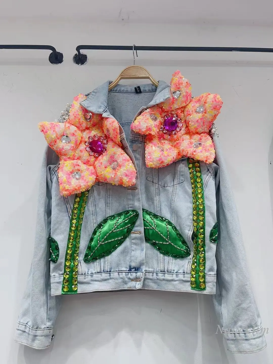 2022 Autumn Women's Village Denim Jacket Street Fashion Big Three-Dimensional Sequined Flower Loose Temperament Jean Coat
