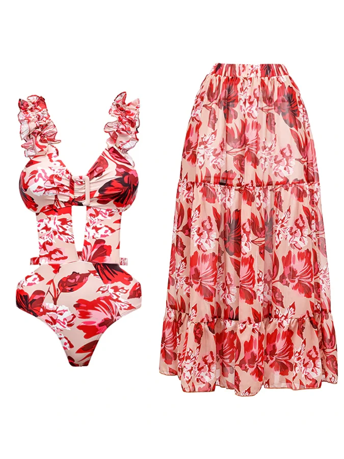 

Women Seaside Resort Red Romantic Floral Print Peplum Pleated Hollowed Out Summer Design Show One-piece Bikini And Cover Up