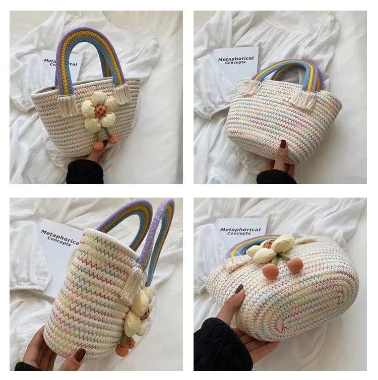 2022 Summer Women Straw Bags Trend Designer Rainbow Handle Tassels Handbag Cotton Woven Bag Large Capacity Female Beach Tote