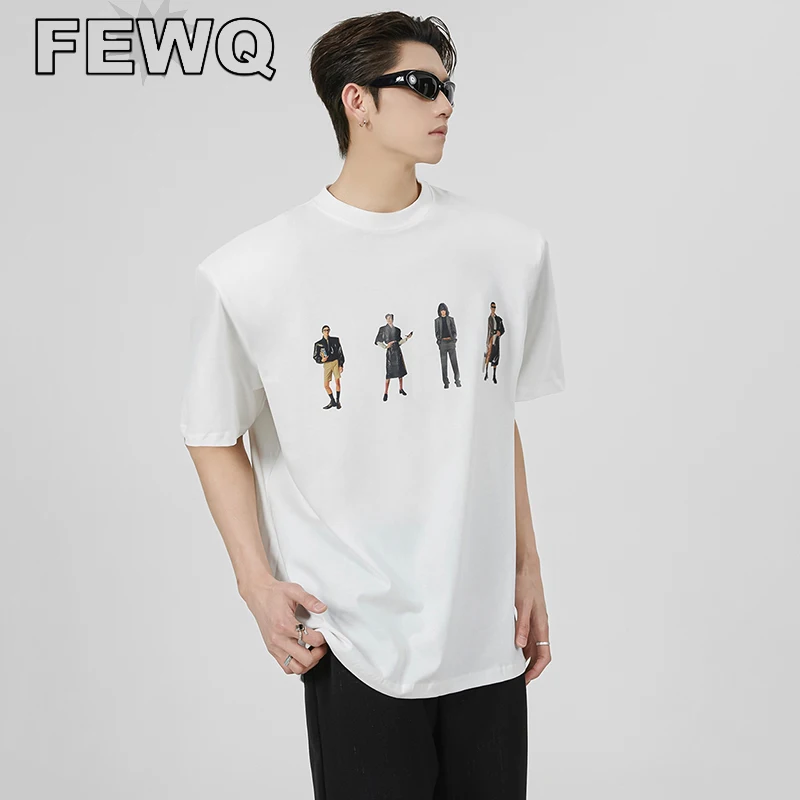 

FEWQ Men's Short Sleeve T-shirts High Street Shoulder Pad Male Character Printing Tee O-neck Korean Fashion Niche Design 24B3060