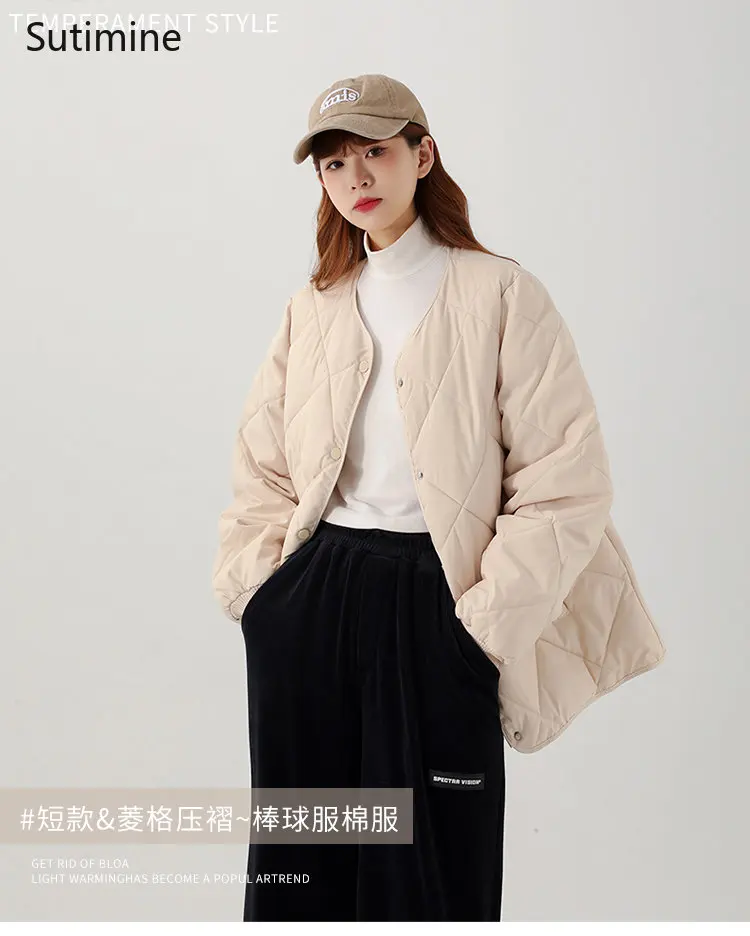 Argyle Cotton Jacket Women New Down Cotton O-Neck Cotton Jacket Short Coat Office Lady Winter Coat for Women Pockets Coat Women