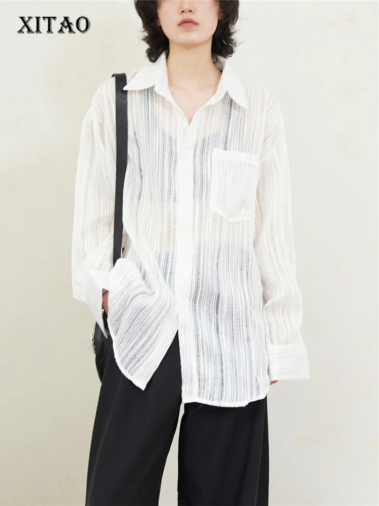 

XITAO Loose Sheer Solid Color Full Sleeve Shirt Turn Down Collar Single Breasted 2023 Women Autumn Casual Shirt Top DMJ1999