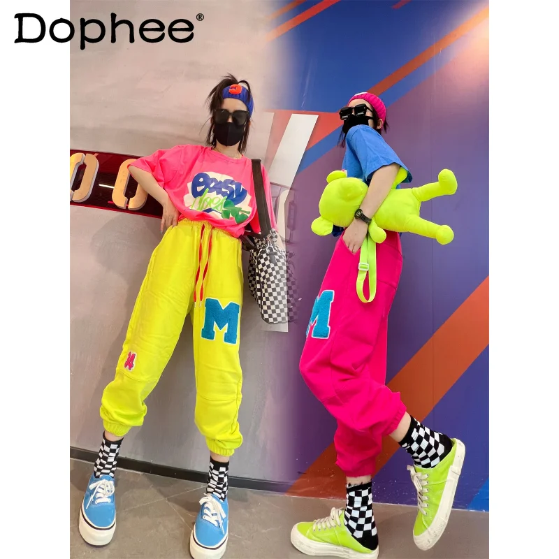 High Waist Slimming Harem Pants Women's Spring Autumn Loose Sports Leisure Pants Sweet Candy Color Ankle-Tied Sweatpants Hip Hop