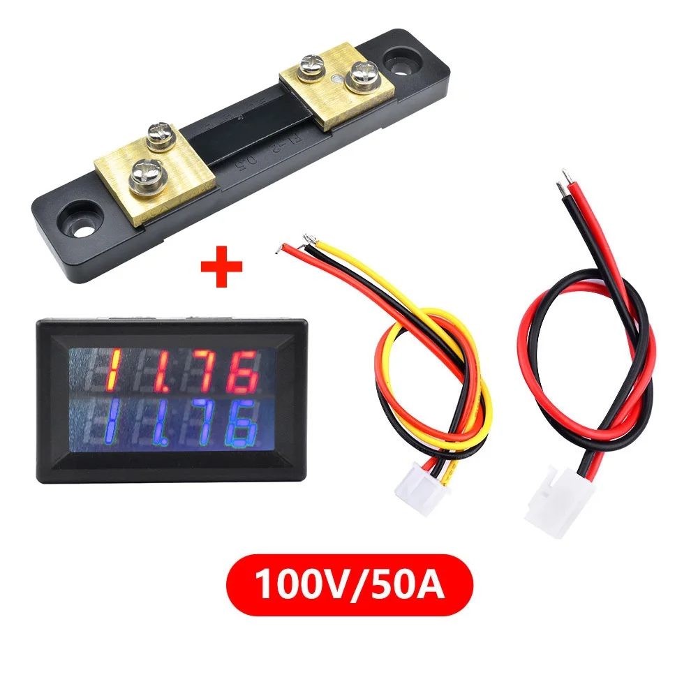 

DC 100V 200V 50A 100A Digital Voltmeter Ammeter Blue + Red LED Amp Dual Digital Volt Meter Gauge with 50A 100A/75mV Shunt
