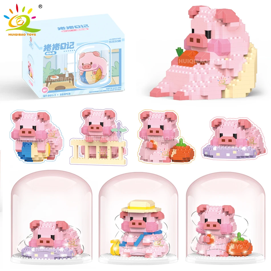 

HUIQIBAO Friends Cute Piggy Mirco Building Blocks Ideas Cartoon Animal Pig Model Mini Bricks City Construction Toys for Children