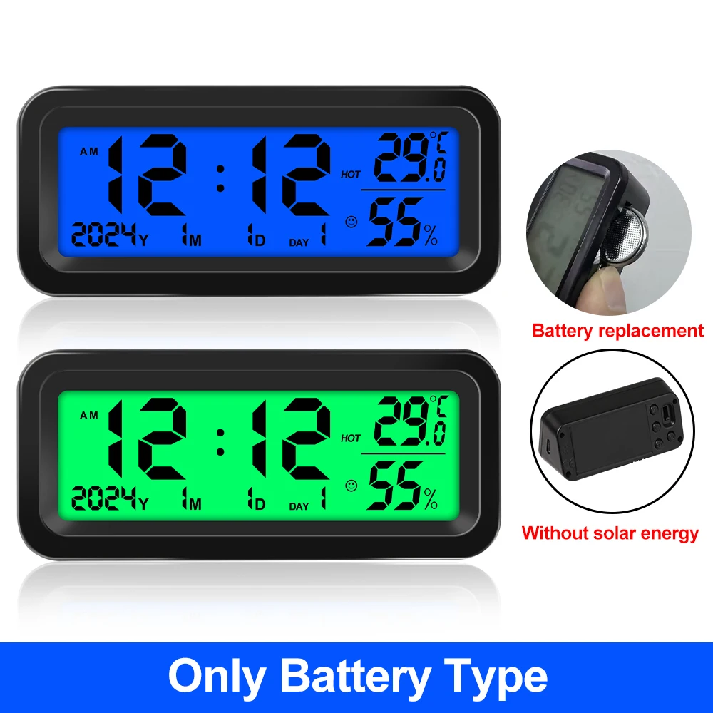 

Электронные автомобильные часы на солнечной энергии, термометр даты и недели, светящийся дисплей влажности, автомобильные цифровые часы с подсветкой