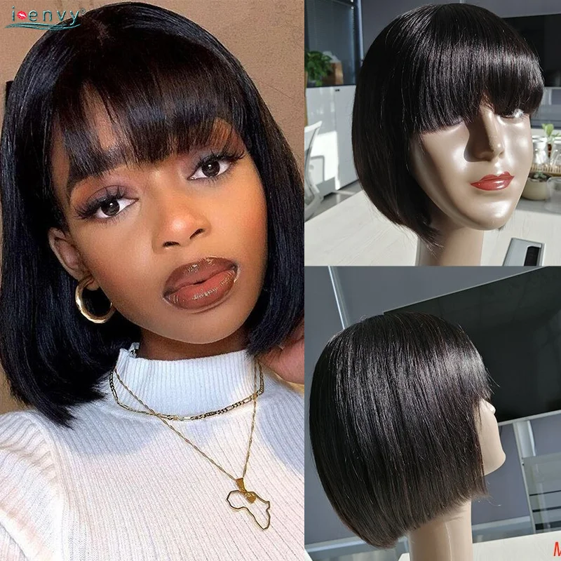 

Short Bob Human Hair Wigs with Bangs None Lace Front Wigs Brazlian Straight Hair Machine Made Bob Wig for Black Women Natural