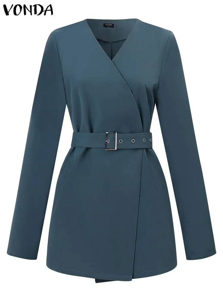 Женский блейзер с поясом VONDA элегантный повседневный однотонный длинным рукавом