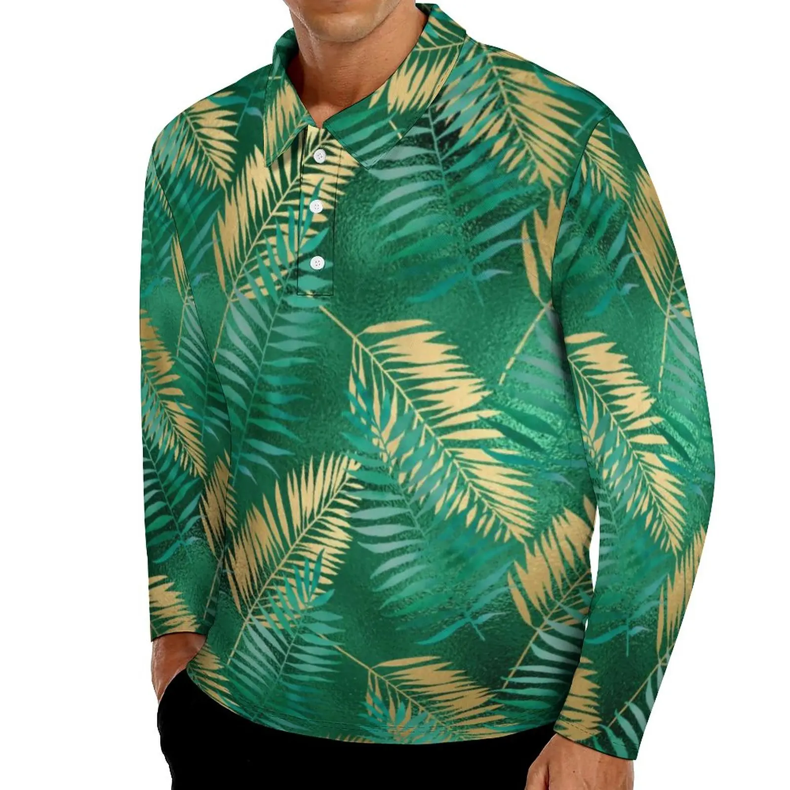 

Повседневные рубашки-поло с тропическими пальмовыми листьями, яркие футболки с изображением золотых джунглей, рубашка с длинным рукавом и ...