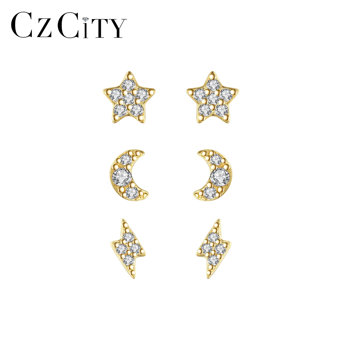 

CZCITY New Fashion Moon Star Lightning Stud Earrings Set for Women Fine Jewelry 925 Sterling Silver CZ Pendientes Christmas Gift