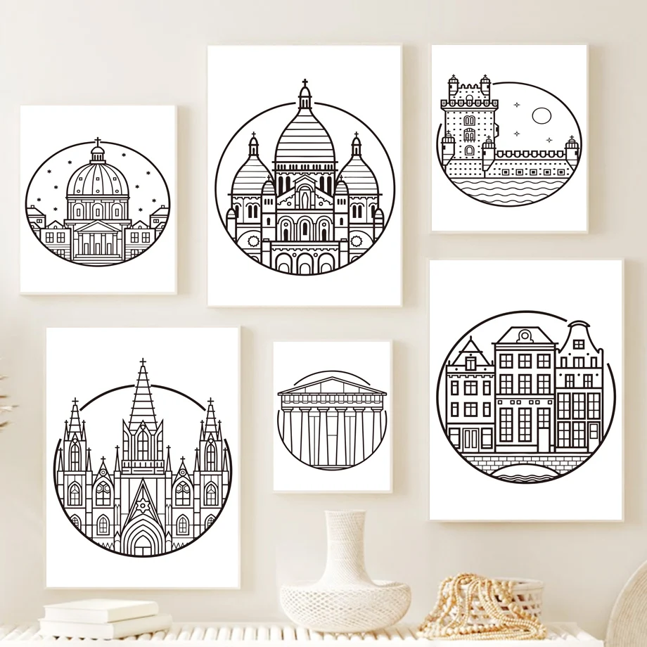 

Black White Sketch Building Scandi Minimalist Wall Art Canvas Painting Nordic Posters And Prints Wall Pictures For Living Room