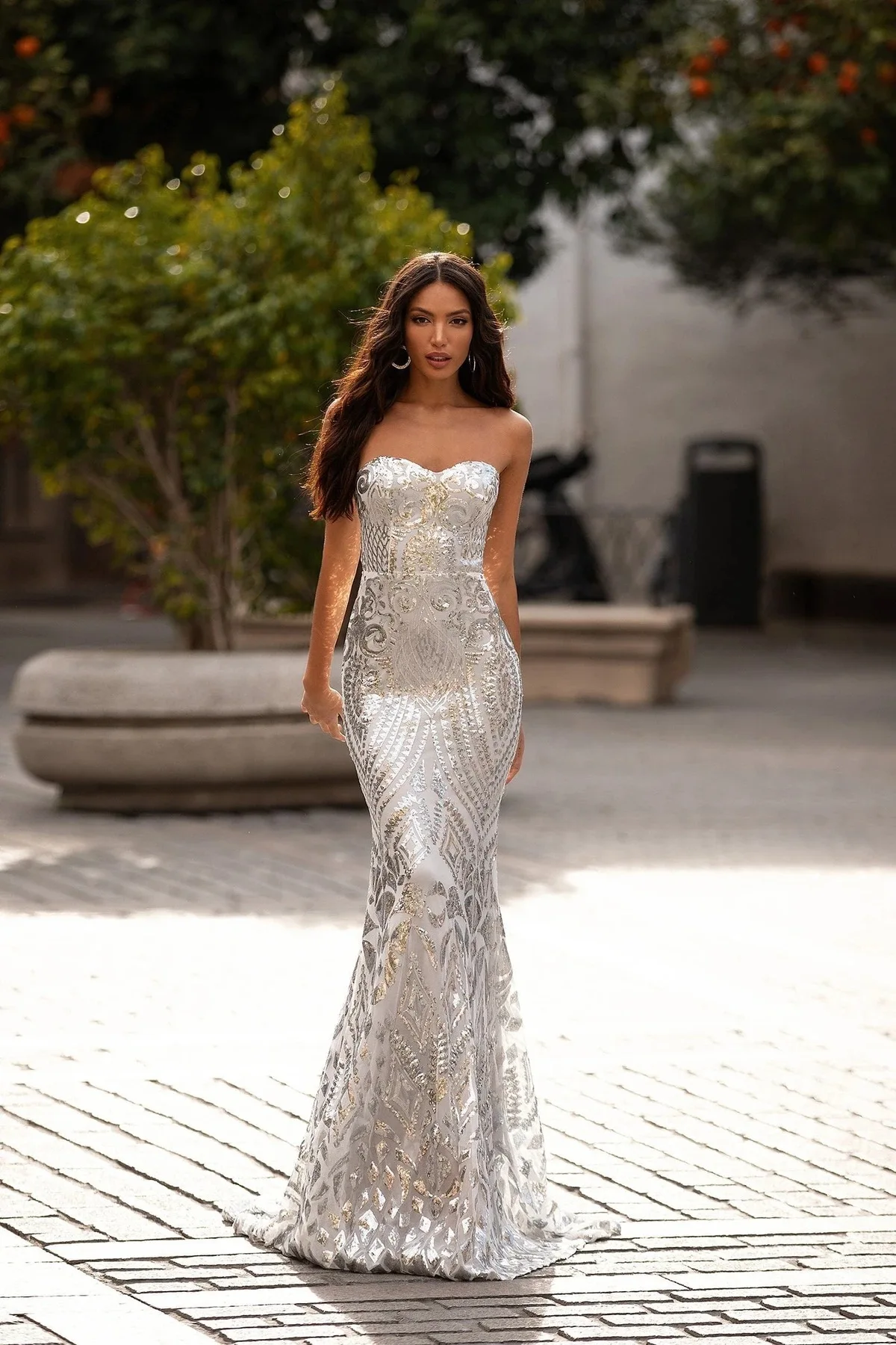 2022 Women Elegant Prom Dress Sexy Sequined Backless Sleeveless Strapless Floor Length Mermaid Party Silver Dresses