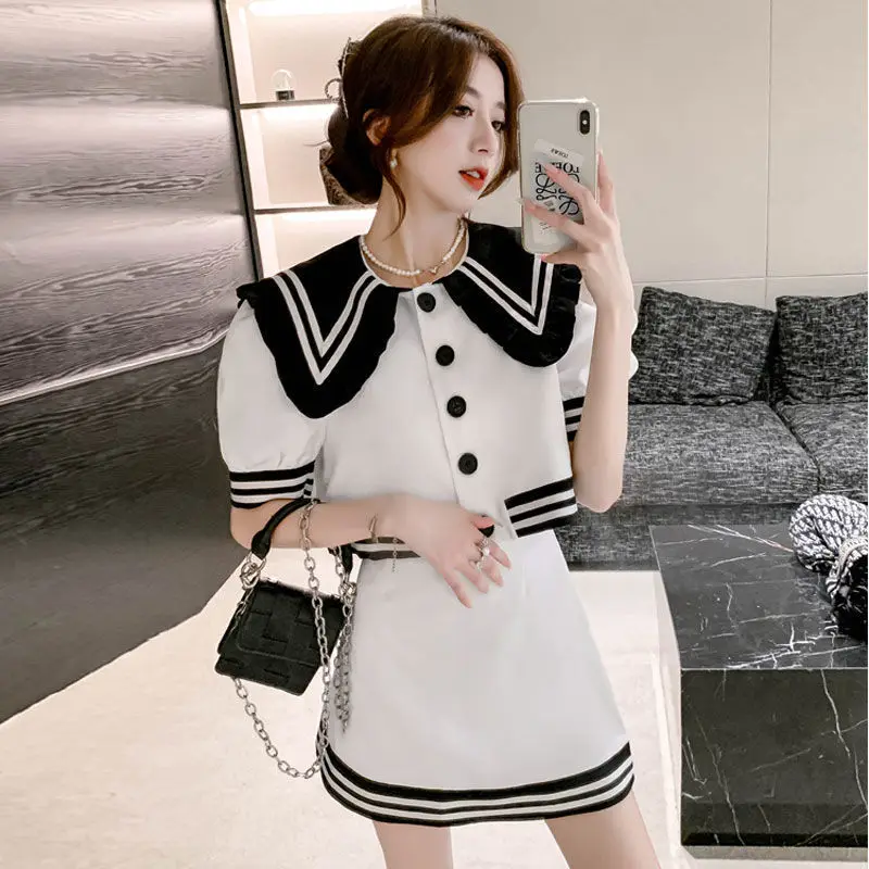 

Wihte Stripes Blazer Skirts Suit for Women Work Female Cute Doll Collar Blazer 2 Piece Sets with High Waisted A-line Mini Skirt