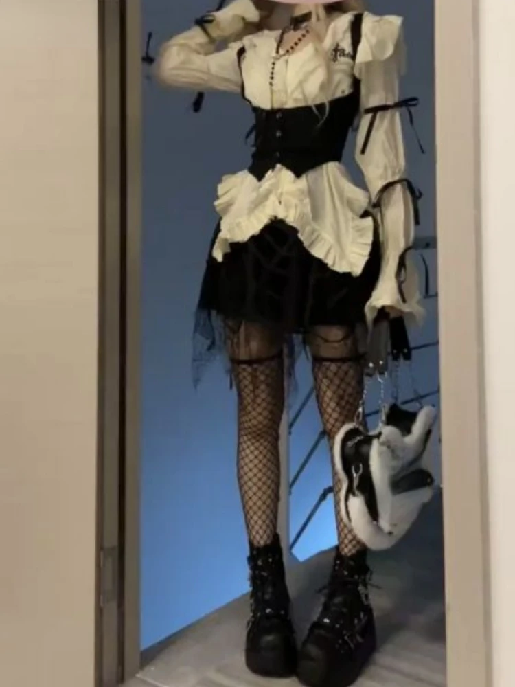 Милые комплекты из 3 предметов женская рубашка Харадзюку с нерегулярными рюшами +