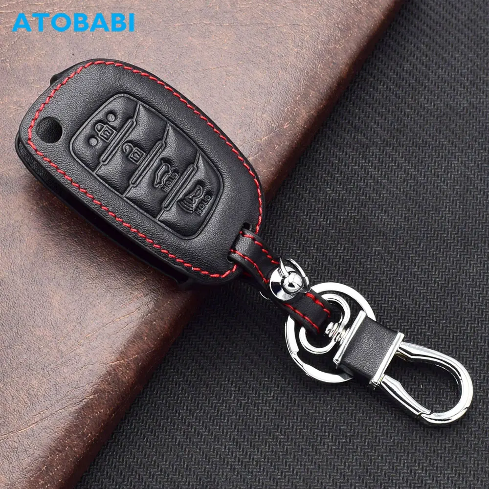 ATOBABI Leather Car Key Cases Keychain For Hyundai Sonata Santa Fe Tucson Creta I10 Folding Remote Control Fobs Protector Cover