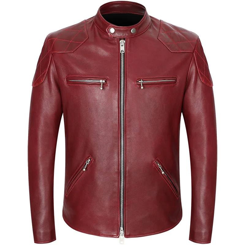 

Мужская мотоциклетная куртка из мягкой дубленой овечьей шкуры, винно-красная куртка из козьей шкуры, Байкерская ветровка, Мужское пальто, 100%