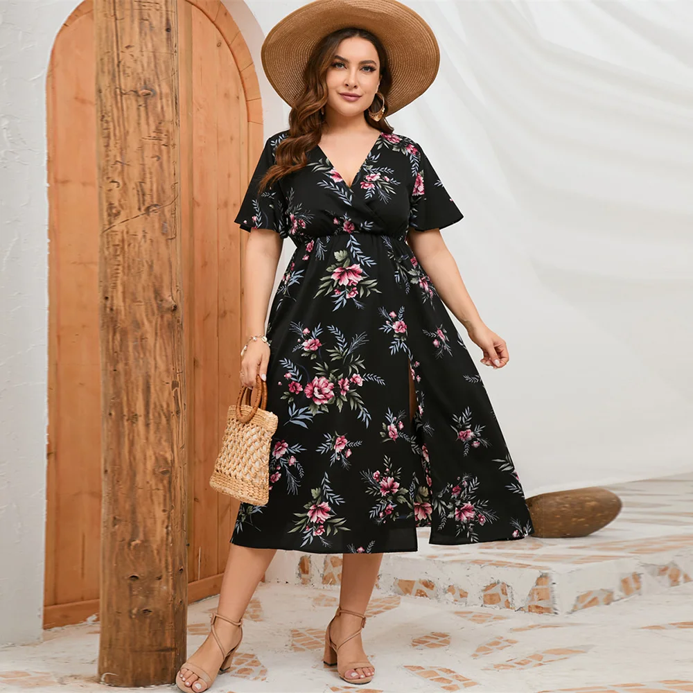 Plus Size 2023 Summer 3xl 4xl 5xl Women Chiffon Dress Floral Black Mid Dress Casual Bohemian Boho Dresses Ove 3xl 4xl 5xl 6xl