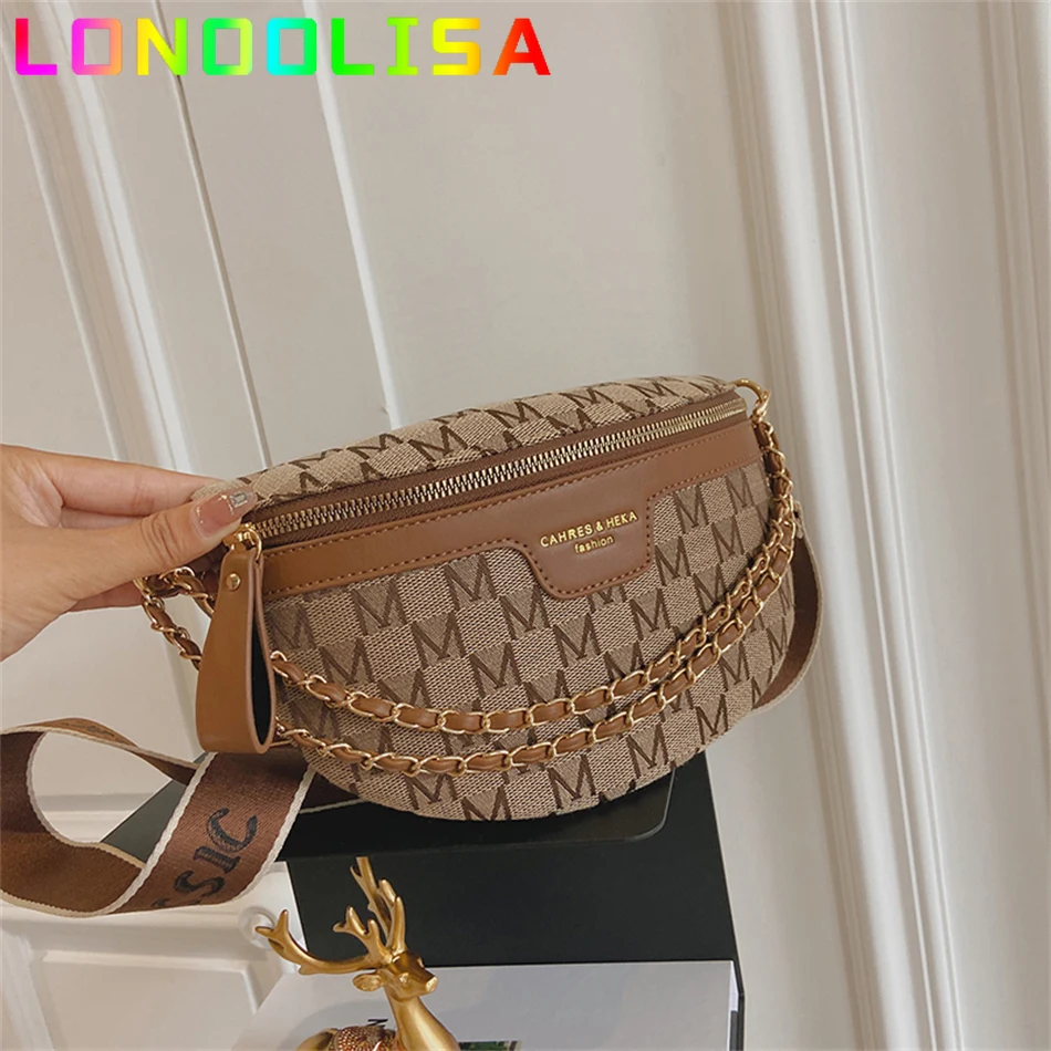 

Fashion Printed Letter Plaid Pattern Fanny Pack for Women 2022 Chain Waist Bag Female Waist Pack Ladies Wide Strap Crossbody Bag
